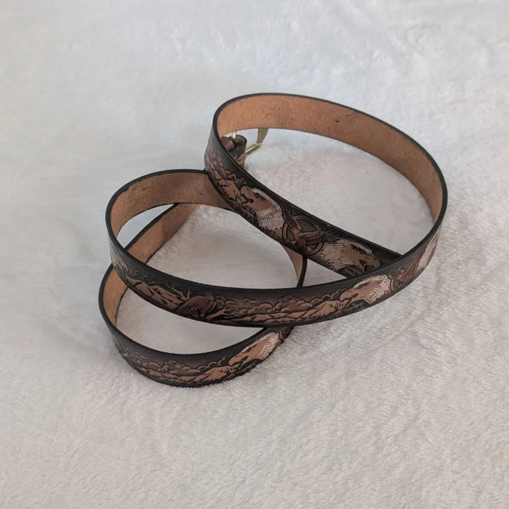 Unbranded Brown Tan Tooled Leather Eagle Belt -One Size - Needs Holes Punched